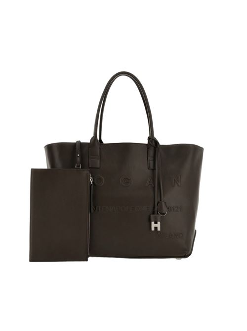 Borsa shopping da donna in pelle con l'indirizzo del brand in rilievo tono su tono, colore marrone HOGAN | KBW01TA0300TZPS808